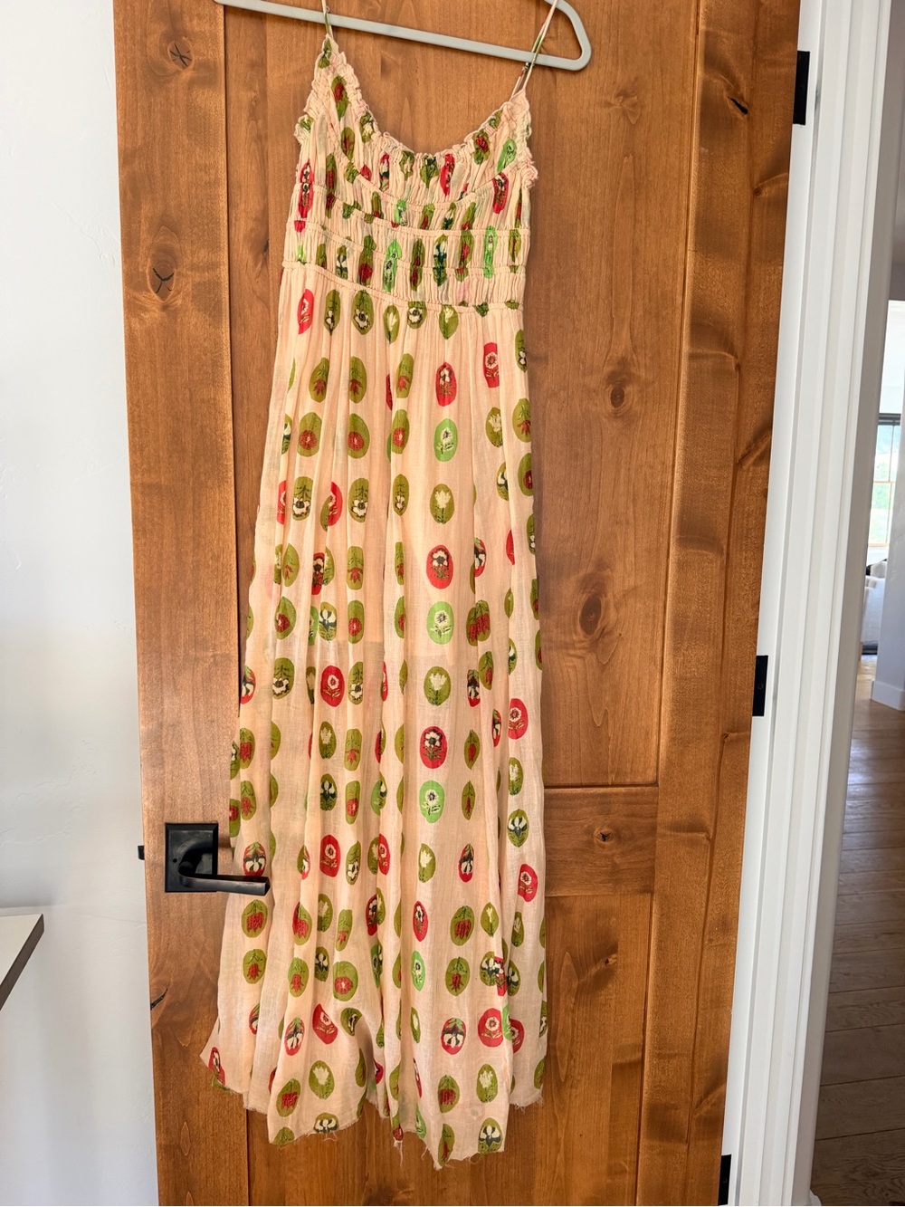 Free People Maxi Dress with Red & Green Medallion Print, Raw hem